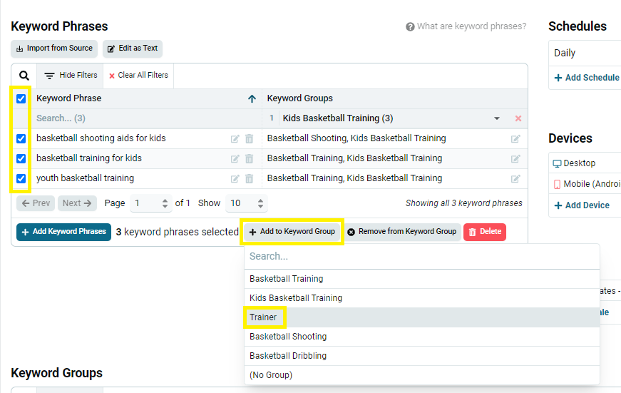 How do I combine keyword groups?